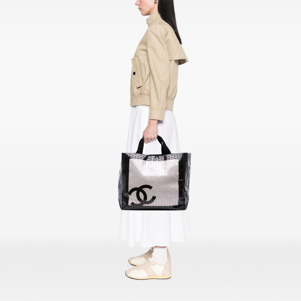 Chanel B Chanel White with Black PVC Plastic CC Quilted Cotton and Punching Tote Italy