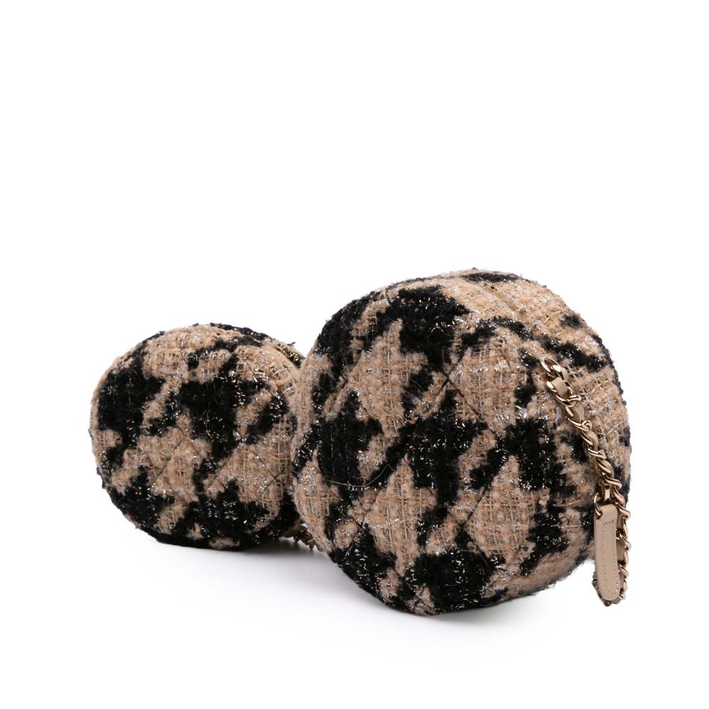 Chanel AB Chanel Brown Light Brown Tweed Fabric CC Quilted and Shearling Round Clutch With Chain Italy