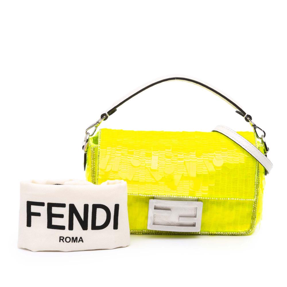 Fendi AB Fendi Yellow Neon Yellow Sequin Other Mini Transparent Paillettes Elaphe Baguette Satchel Italy