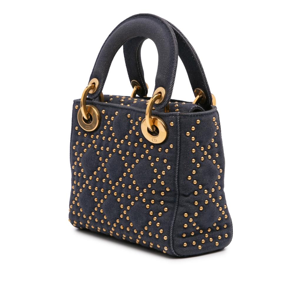 Christian Dior B Dior Blue Navy Denim Fabric Mini Cannage Studded Supple Lady Dior Italy