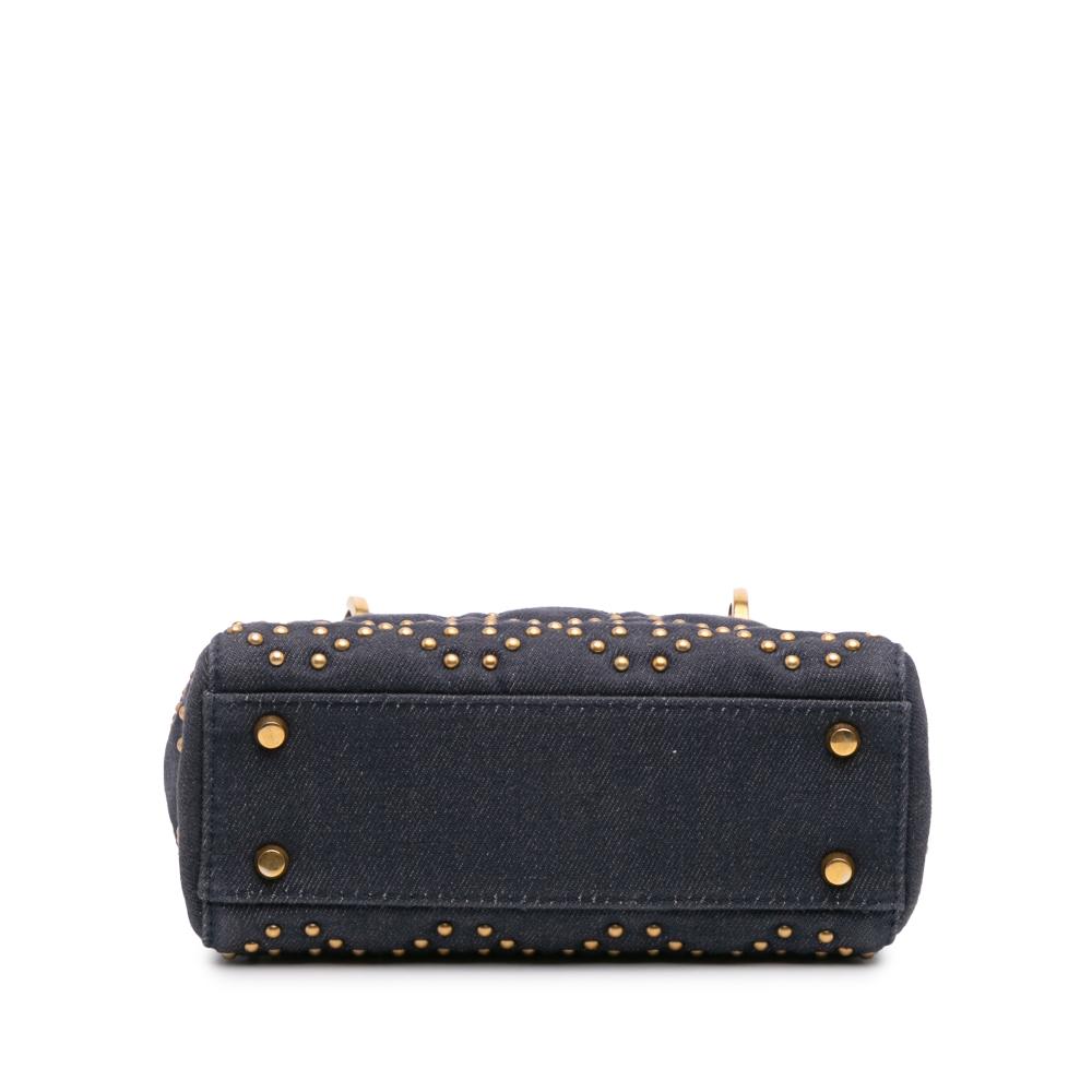Christian Dior B Dior Blue Navy Denim Fabric Mini Cannage Studded Supple Lady Dior Italy