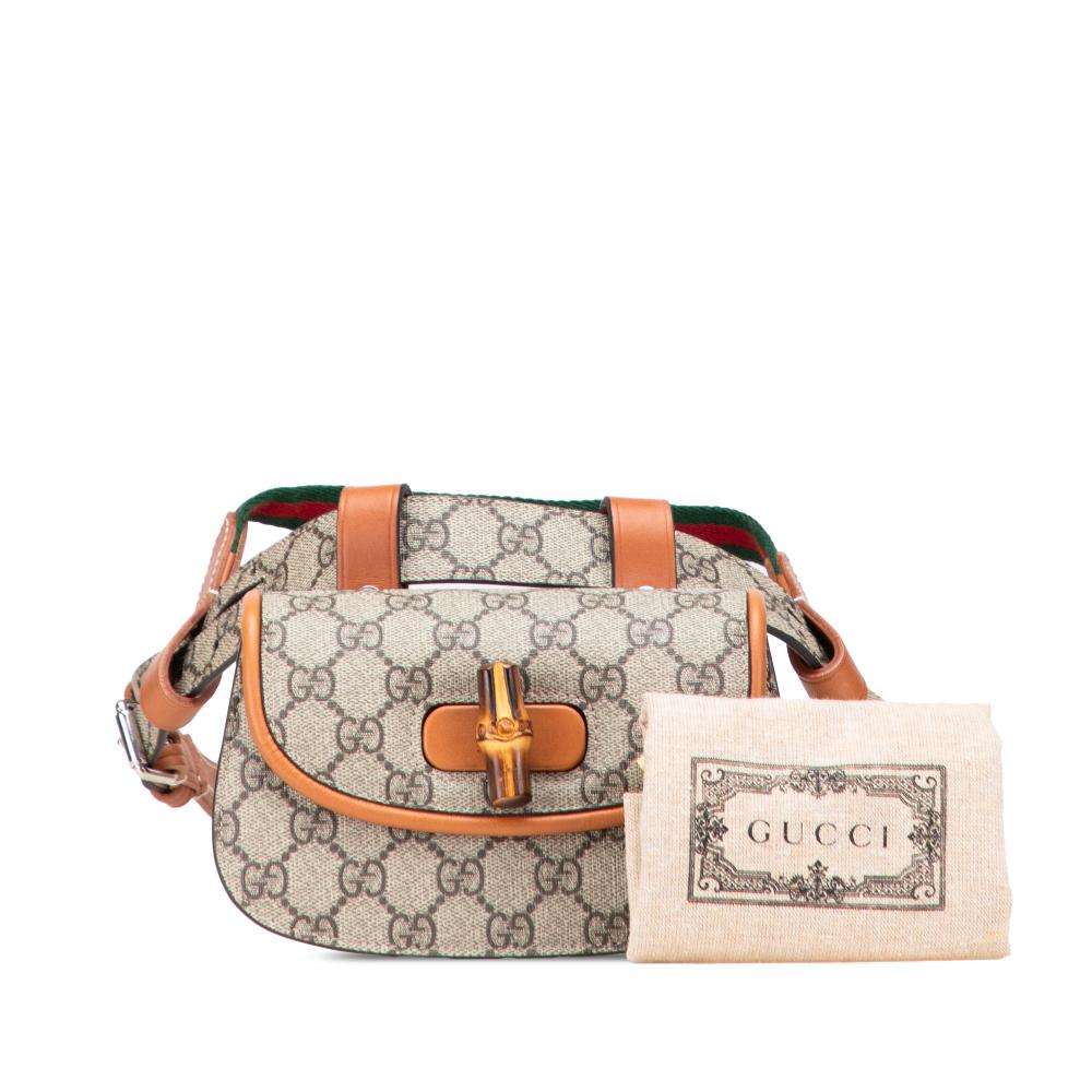 Gucci AB Gucci Brown Beige Coated Canvas Fabric Mini GG Supreme Web Bamboo 1947 Belt Bag Italy