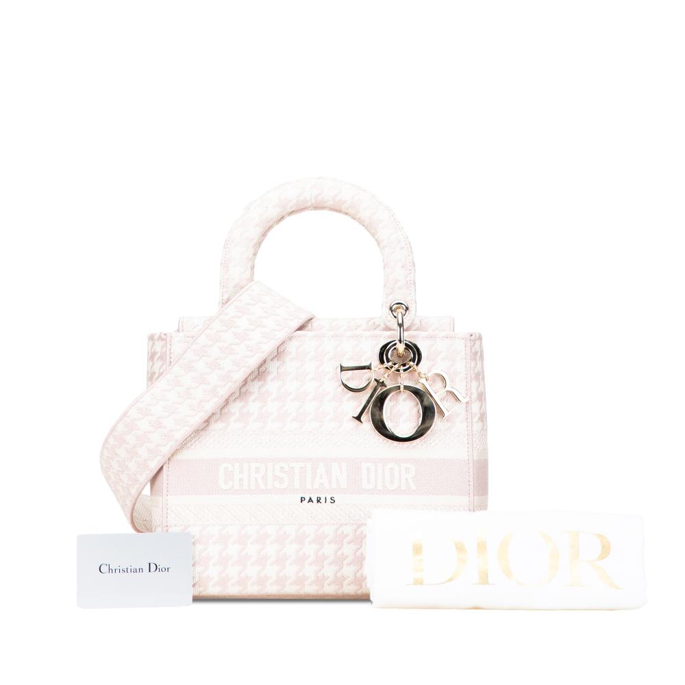 Christian Dior B Dior Pink Light Pink Canvas Fabric Medium Embroidered Houndstooth Lady D Lite Italy