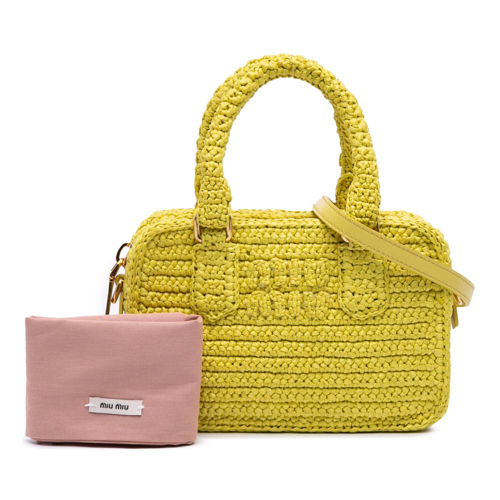 Miu Miu AB Miu Miu Yellow Raffia Natural Material Crochet Arcadie Top Handle Bag Italy