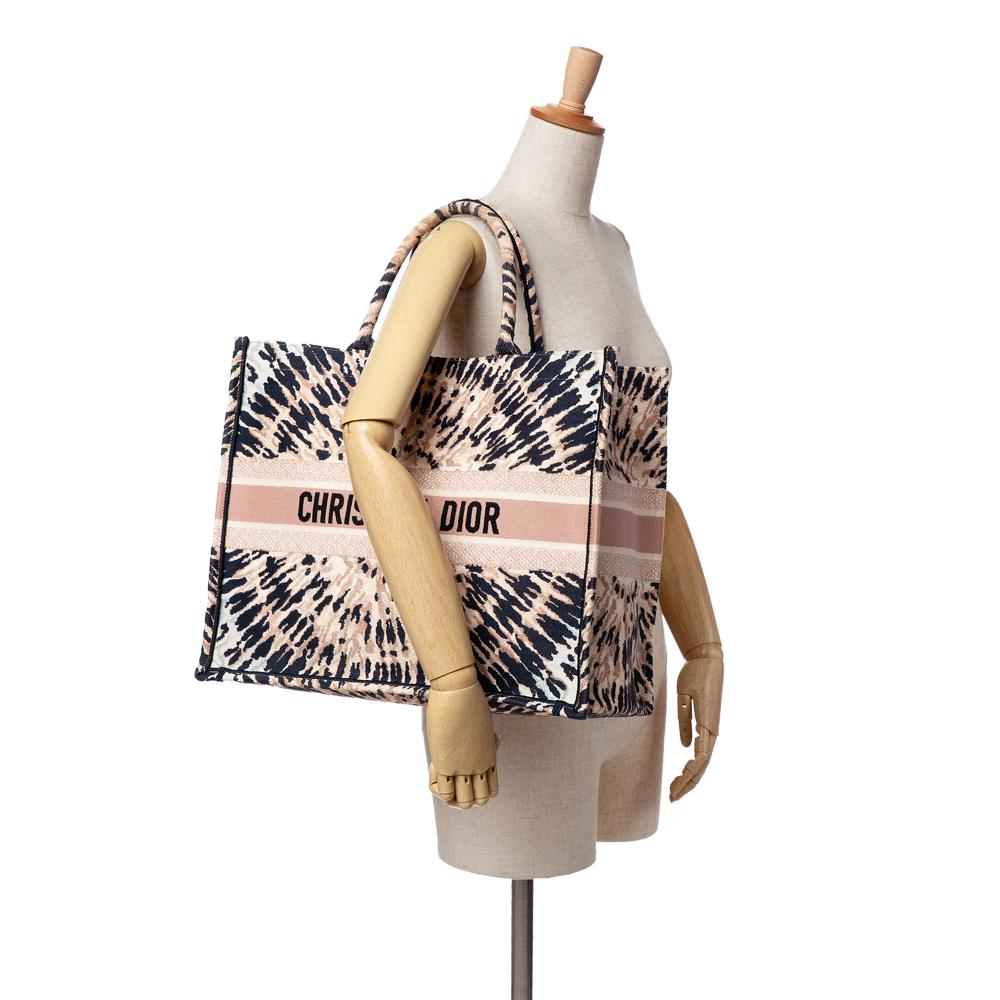 Christian Dior B Dior Brown Nude Canvas Fabric Large Embroidered Tie Dye Book Tote Italy