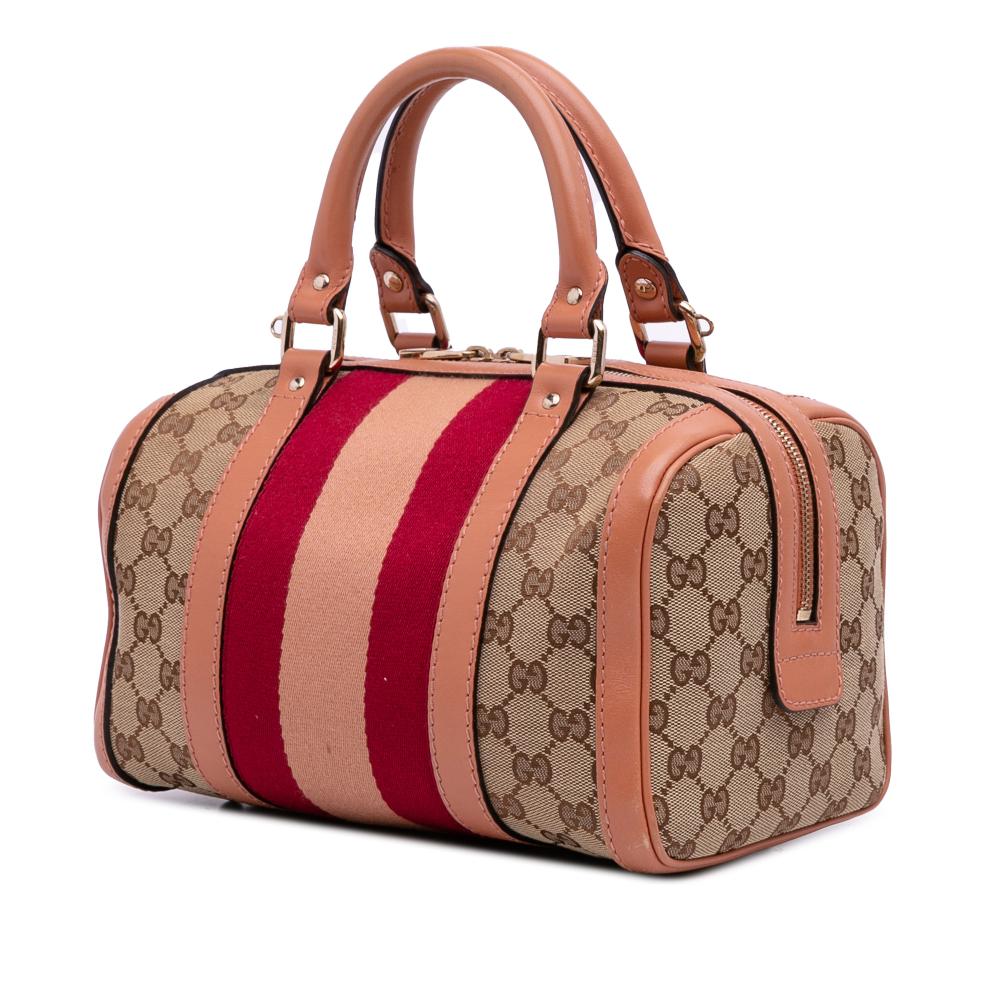 Gucci B Gucci Brown Light Brown Canvas Fabric Small GG Web Joy Boston Bag Italy