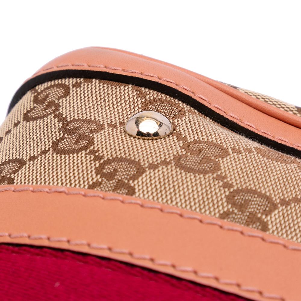 Gucci B Gucci Brown Light Brown Canvas Fabric Small GG Web Joy Boston Bag Italy