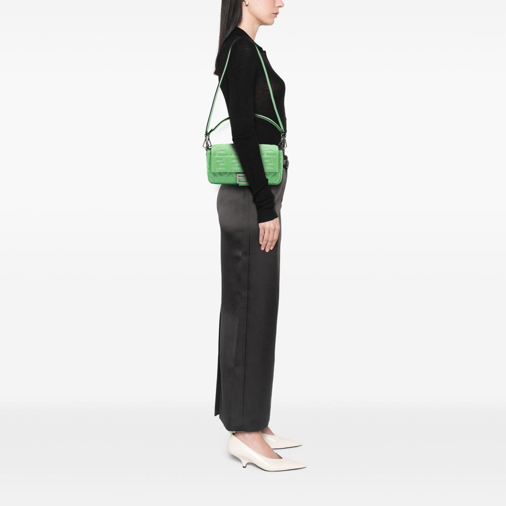 Fendi B Fendi Green Light Green Calf Leather Zucca Embossed Stitched Baguette Satchel Italy