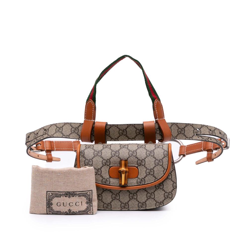 Gucci AB Gucci Brown Beige Coated Canvas Fabric Mini GG Supreme Web Bamboo 1947 Belt Bag Italy