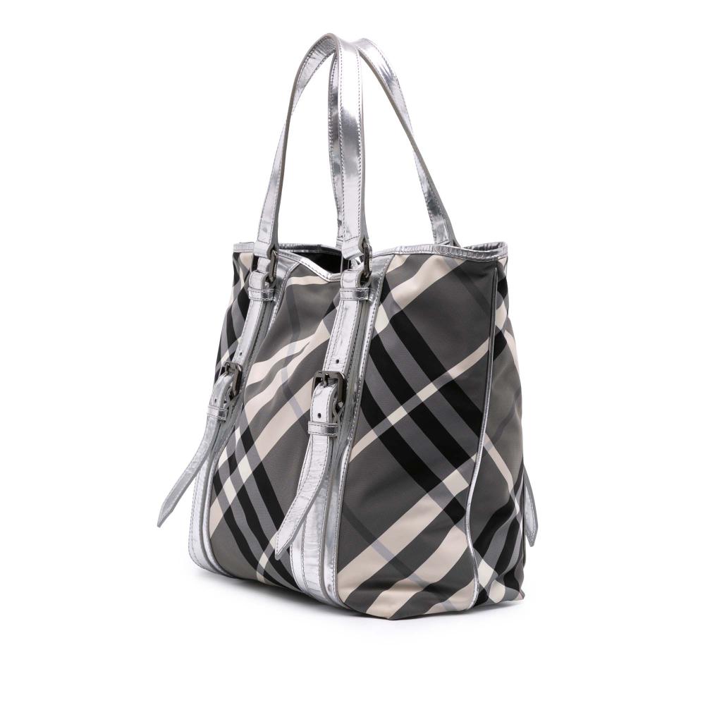 Burberry B Burberry Gray with Silver Nylon Fabric Medium Beat Check Victoria Tote Italy