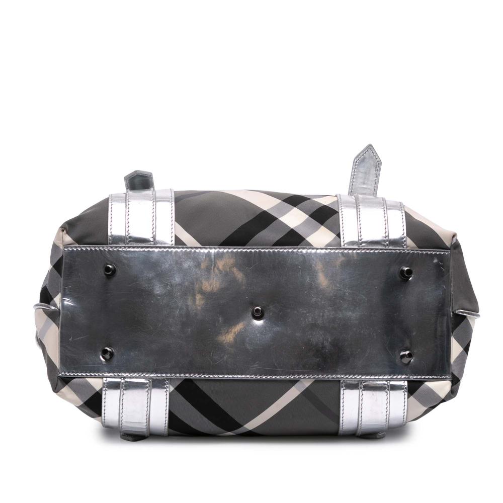 Burberry B Burberry Gray with Silver Nylon Fabric Medium Beat Check Victoria Tote Italy