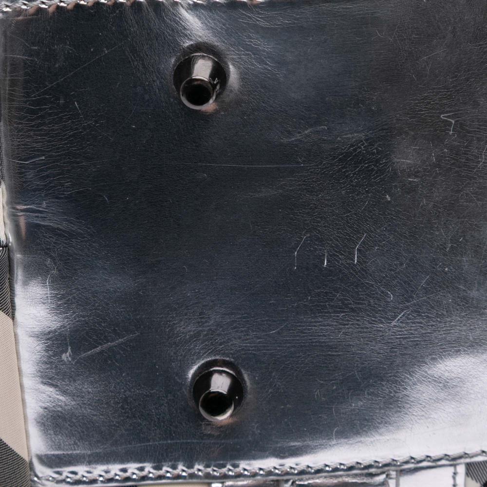 Burberry B Burberry Gray with Silver Nylon Fabric Medium Beat Check Victoria Tote Italy