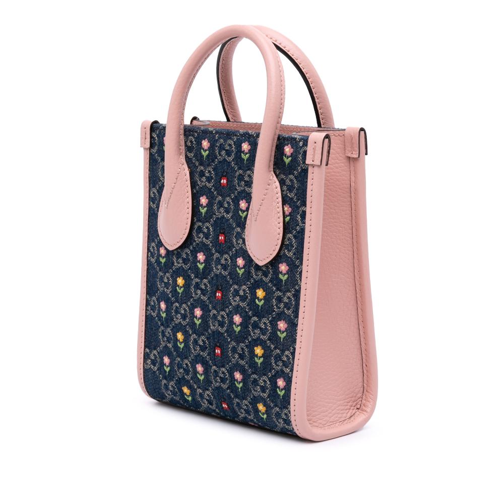 Gucci B Gucci Blue Denim with Pink Light Pink Denim Fabric Mini GG Interlocking G Flowers Tote Italy