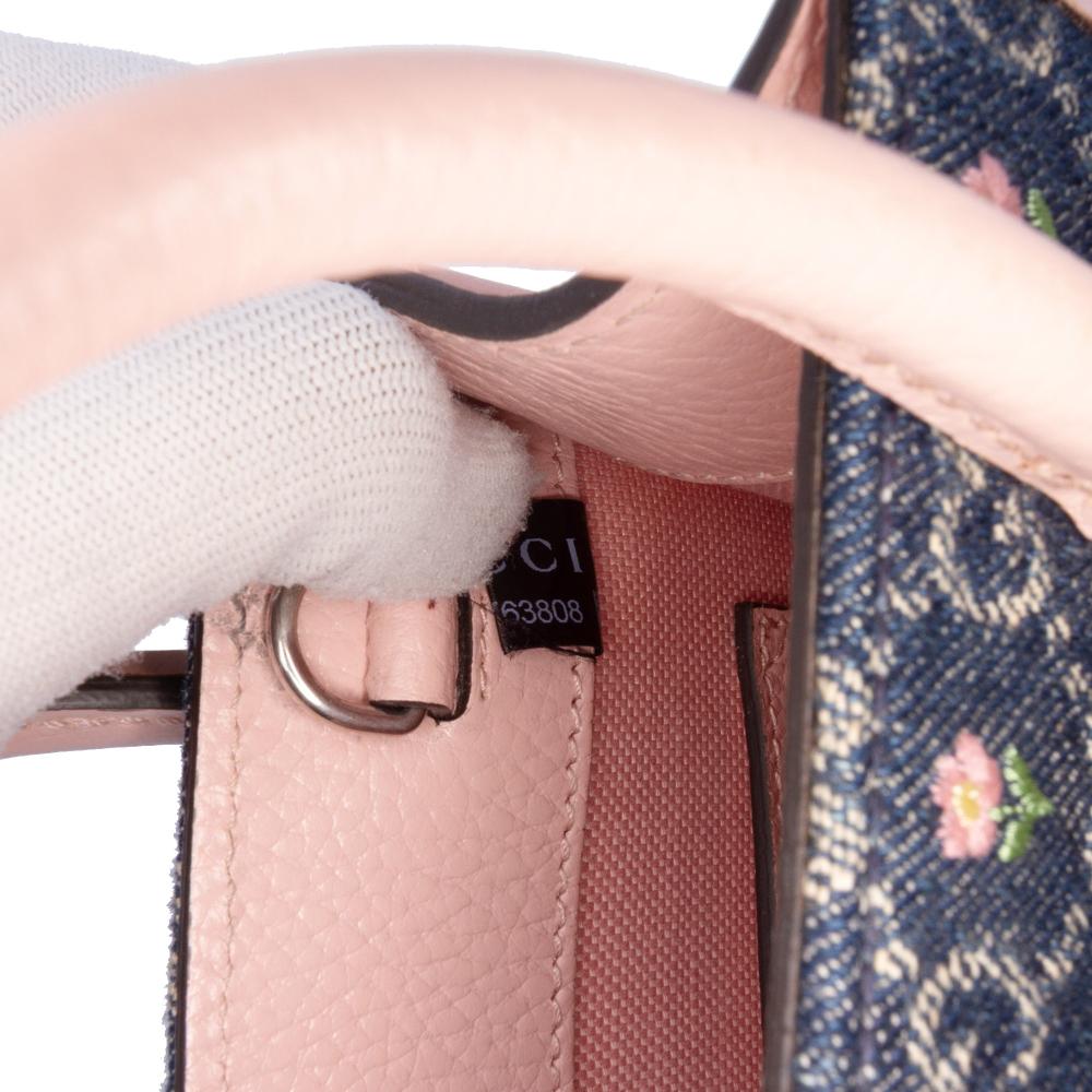 Gucci B Gucci Blue Denim with Pink Light Pink Denim Fabric Mini GG Interlocking G Flowers Tote Italy
