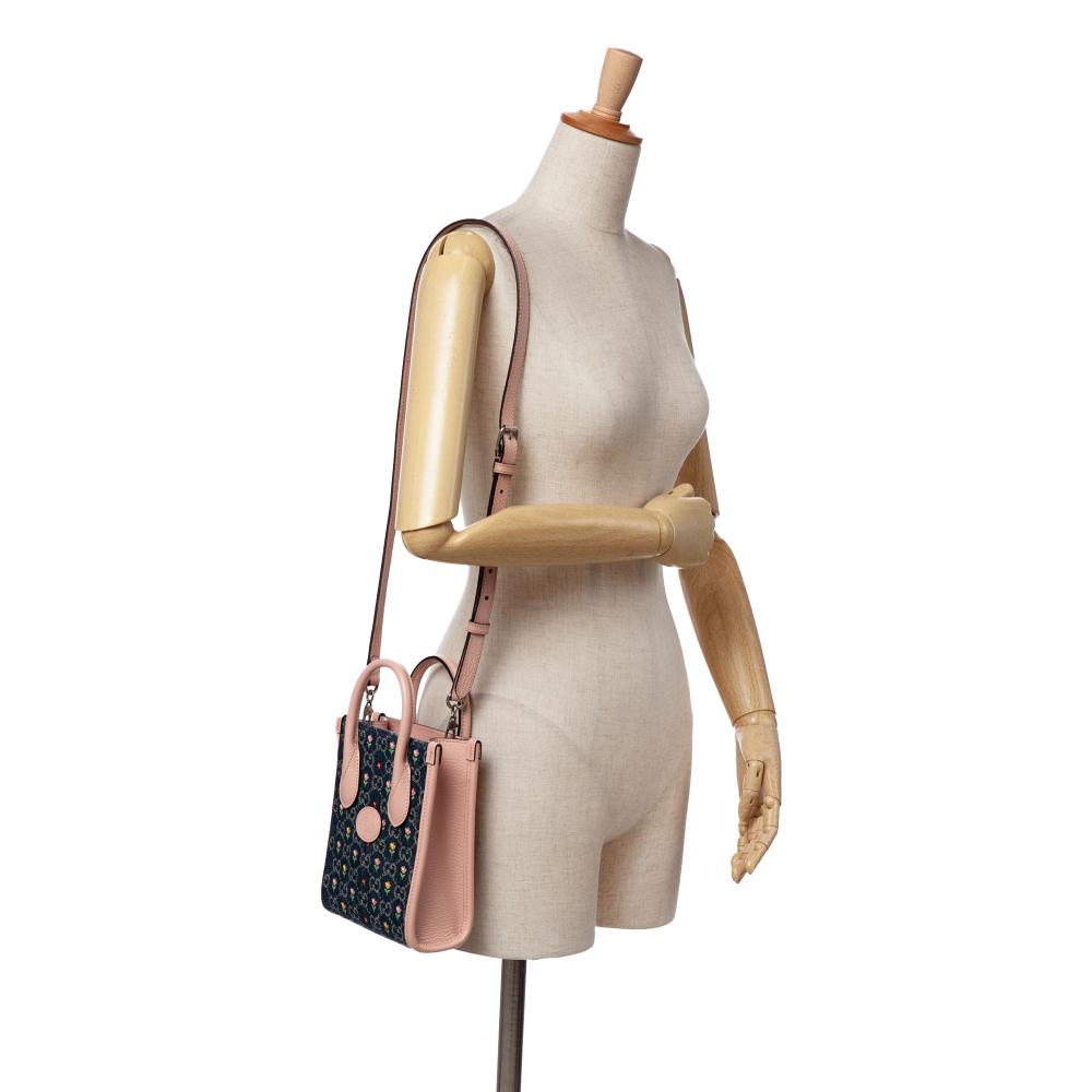 Gucci B Gucci Blue Denim with Pink Light Pink Denim Fabric Mini GG Interlocking G Flowers Tote Italy