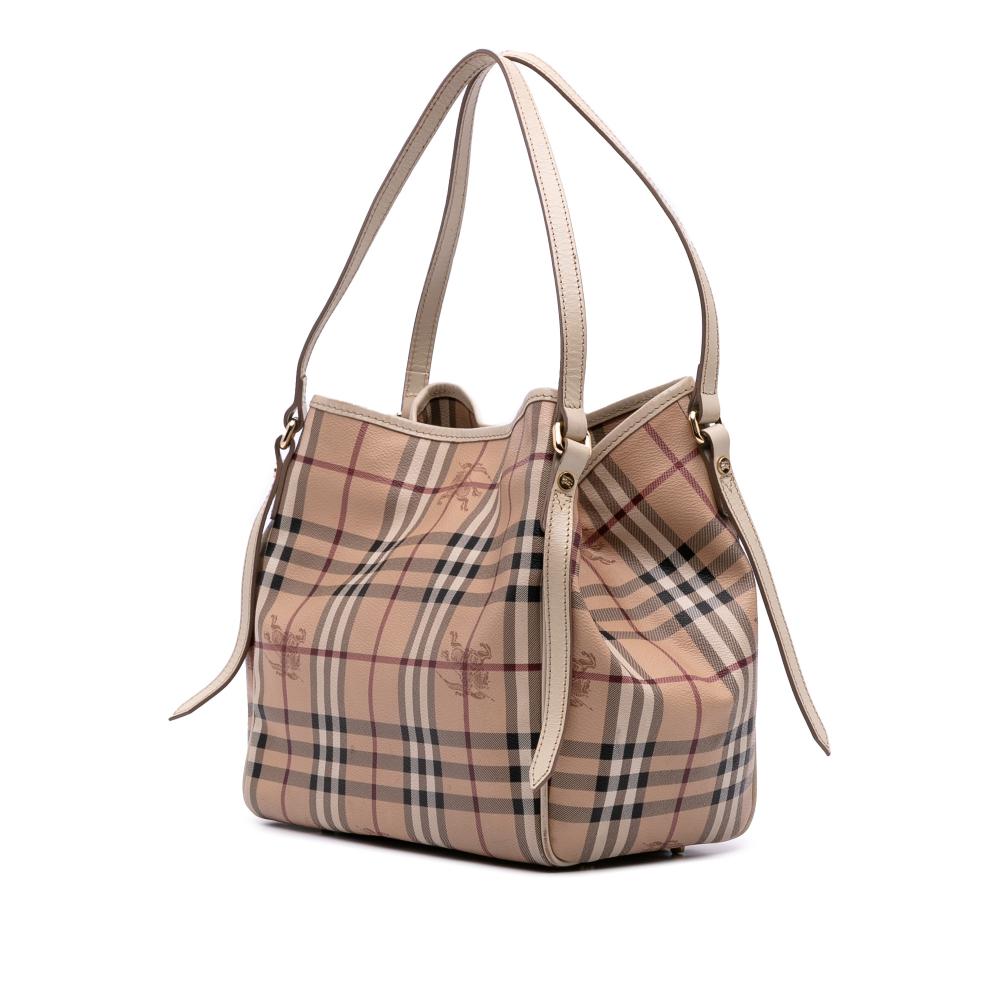 Burberry B Burberry Brown Beige Coated Canvas Fabric Small Haymarket Check Canterbury Tote Italy