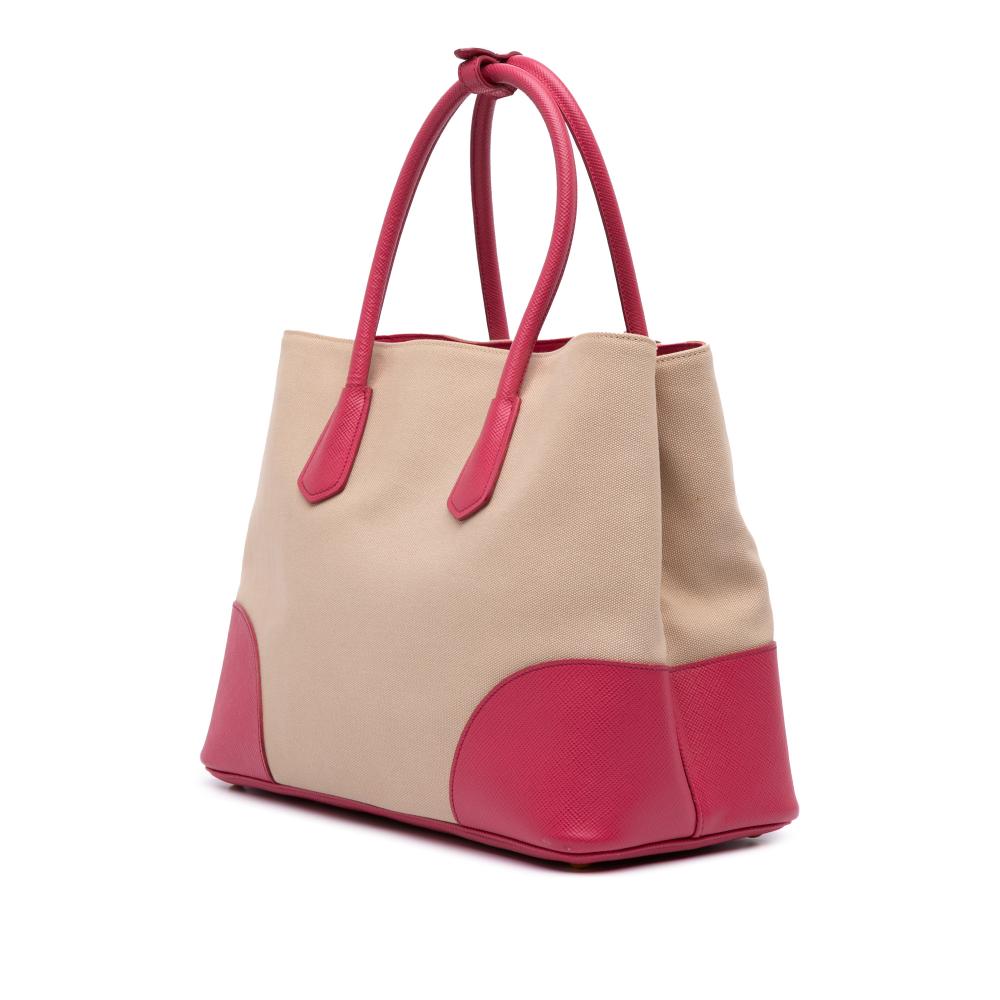 Prada B Prada Brown Beige with Pink Canvas Fabric Large Saffiano Trimmed Canapa Double Satchel Italy