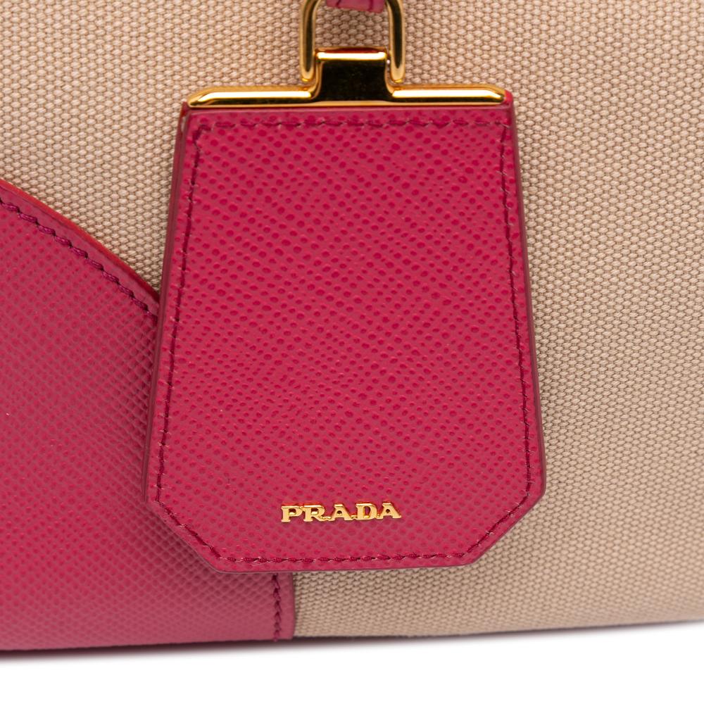 Prada B Prada Brown Beige with Pink Canvas Fabric Large Saffiano Trimmed Canapa Double Satchel Italy