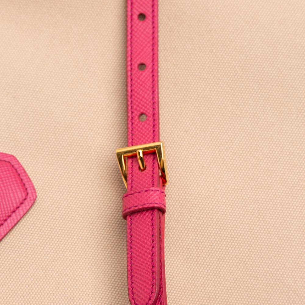 Prada B Prada Brown Beige with Pink Canvas Fabric Large Saffiano Trimmed Canapa Double Satchel Italy