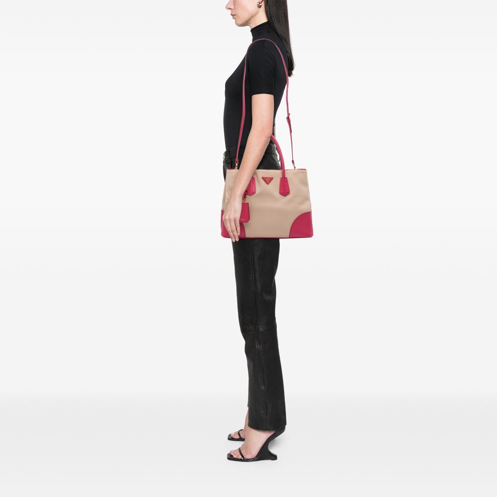 Prada B Prada Brown Beige with Pink Canvas Fabric Large Saffiano Trimmed Canapa Double Satchel Italy