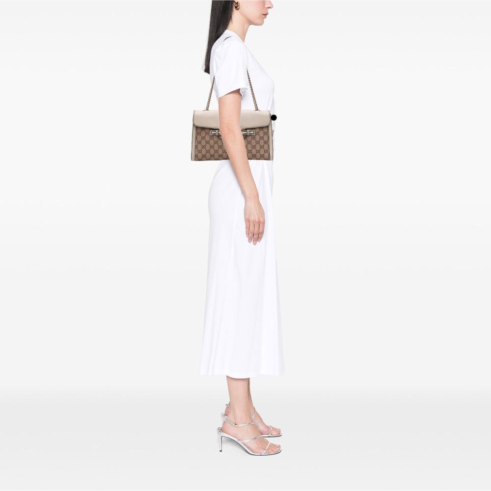 Gucci B Gucci Brown Beige with White Canvas Fabric Medium GG Emily Shoulder Bag Italy