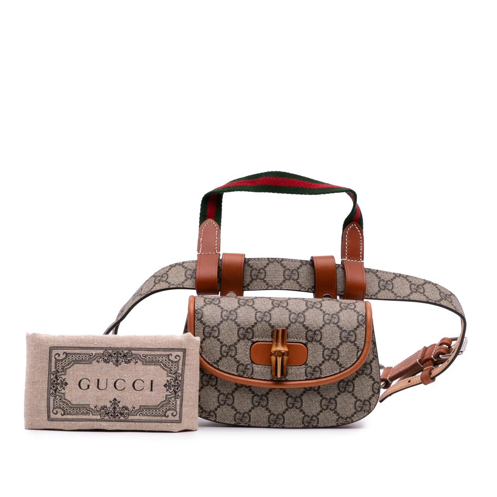 Gucci AB Gucci Brown Beige Coated Canvas Fabric Mini GG Supreme Web Bamboo 1947 Belt Bag Italy