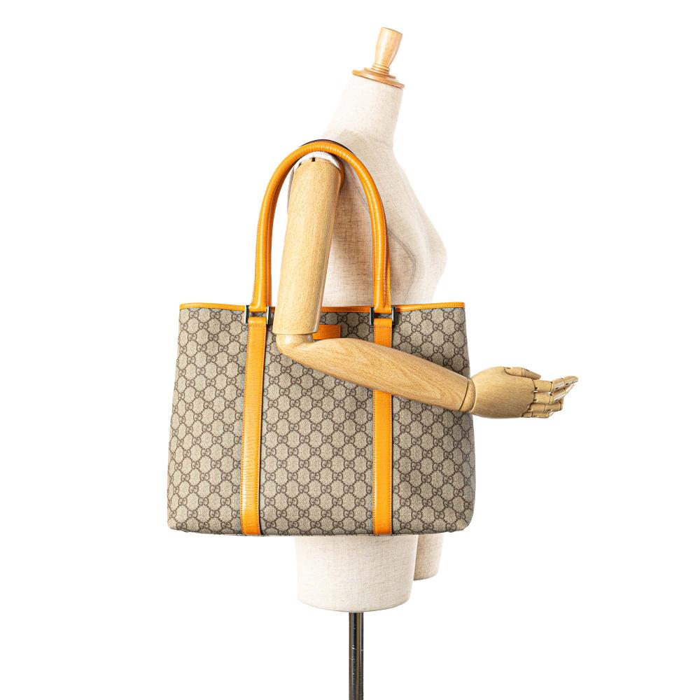 Gucci B Gucci Brown Beige with Orange Coated Canvas Fabric GG Supreme Joy Tote Italy