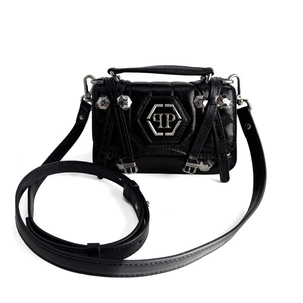 Philipp Plein Superheroin Hexagon Small Calf Leather 2-Ways Flap Belt Bag Black
