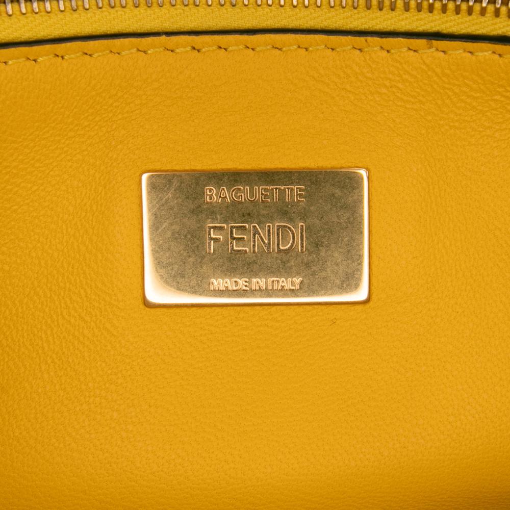 Fendi B Fendi Yellow Mustard Calf Leather Zucca Embossed Chain Midi Baguette Italy