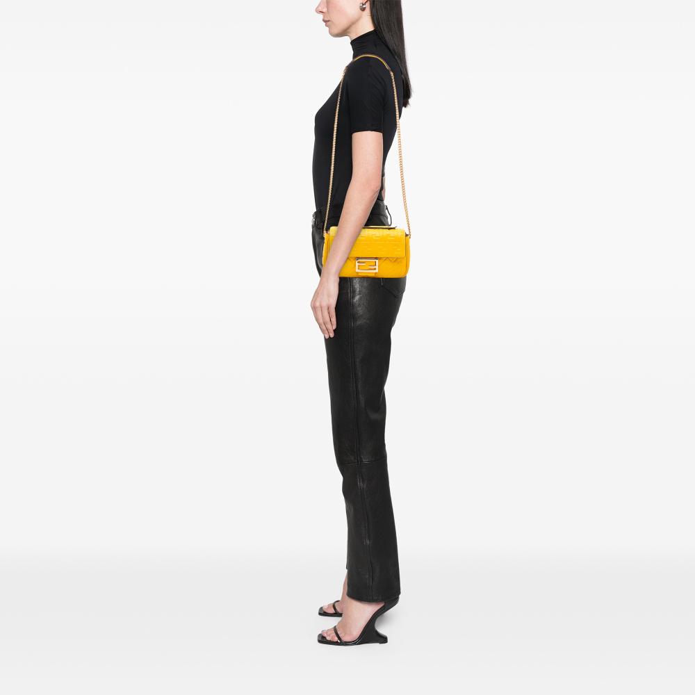 Fendi B Fendi Yellow Mustard Calf Leather Zucca Embossed Chain Midi Baguette Italy