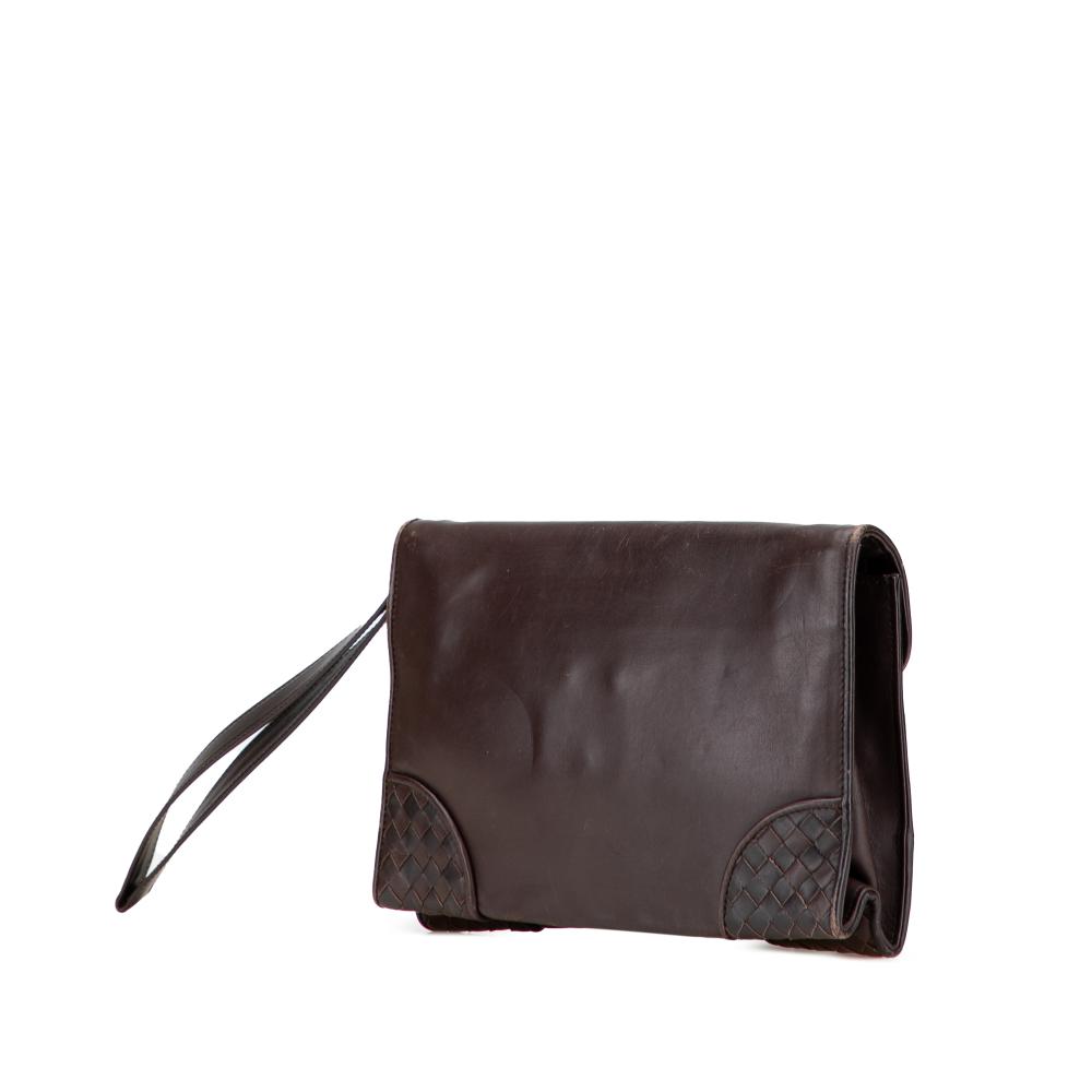 Bottega Veneta B Bottega Veneta Brown Dark Brown Calf Leather Intrecciato Trimmed Clutch Italy