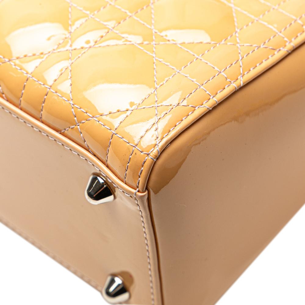 Christian Dior B Dior Brown Beige Patent Leather Leather Large Patent Cannage Lady Dior Italy