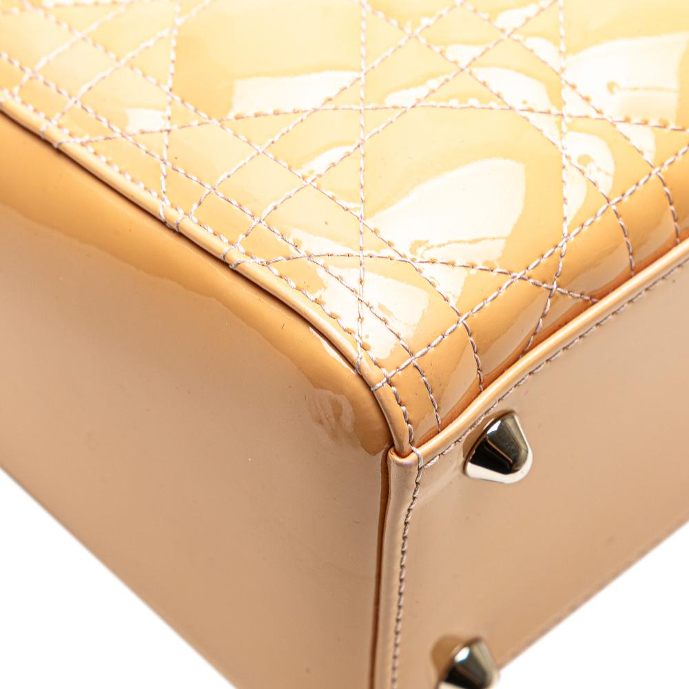 Christian Dior B Dior Brown Beige Patent Leather Leather Large Patent Cannage Lady Dior Italy