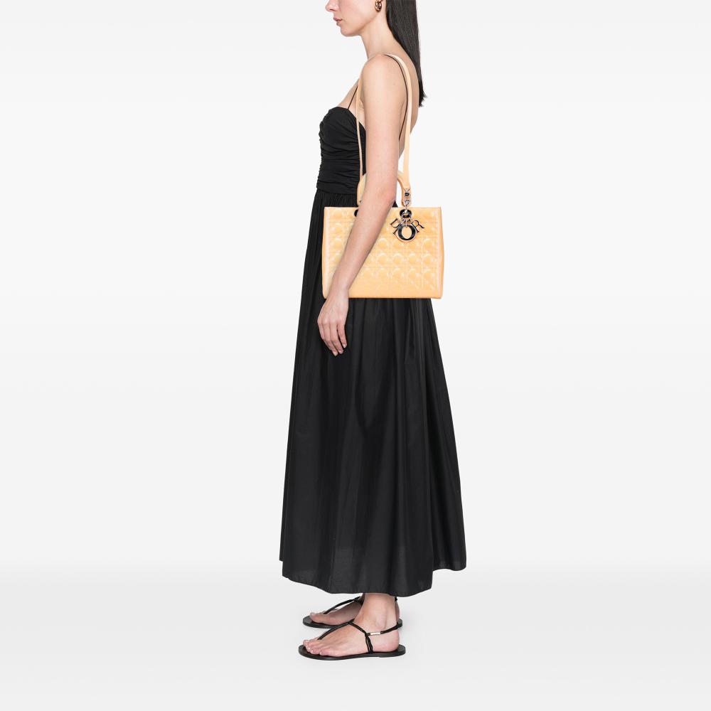 Christian Dior B Dior Brown Beige Patent Leather Leather Large Patent Cannage Lady Dior Italy