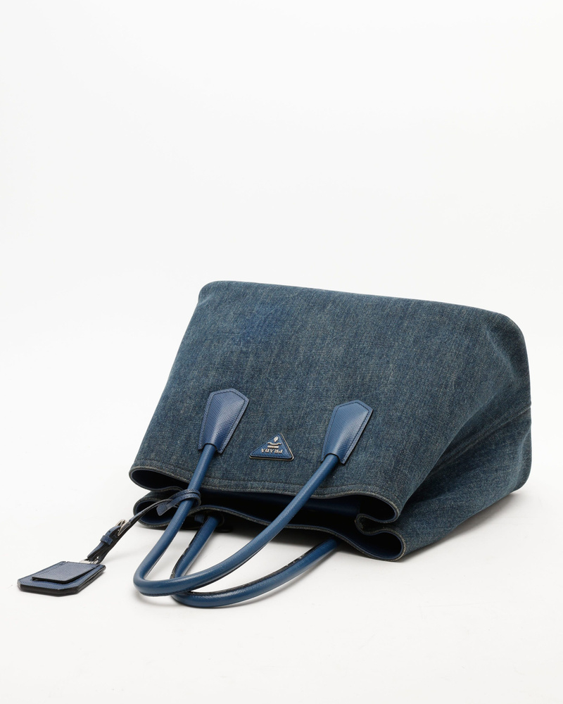 Prada Large Double Saffiano Denim Tote Bag