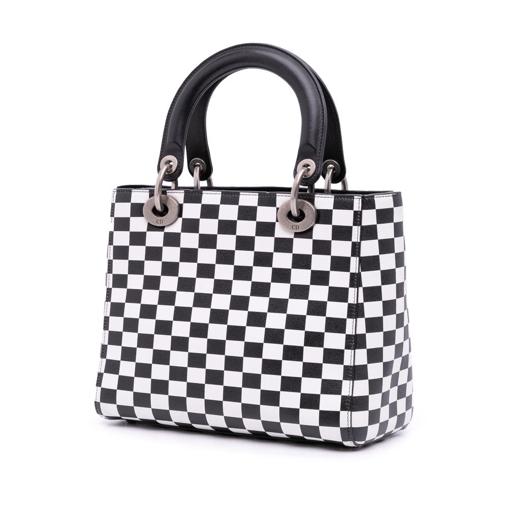 Christian Dior B Dior Black with White Calf Leather Medium skin Checkered Lady Dior Italy
