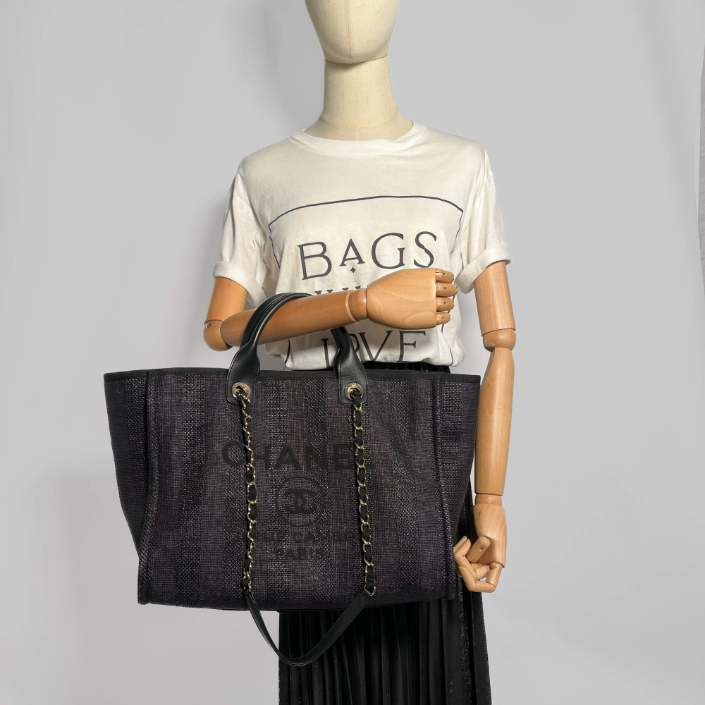 Chanel Deauville Medium Raffia 2-Ways Tote Bag Blue