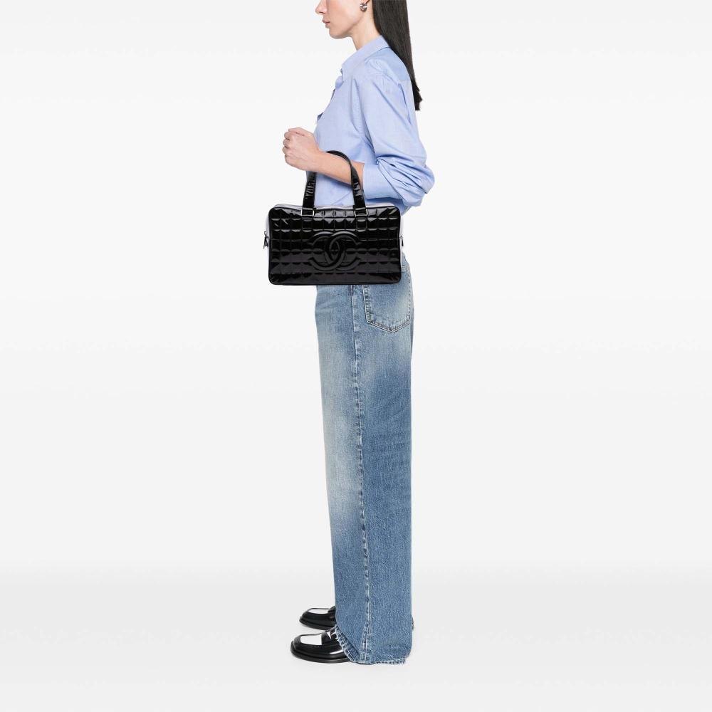 Chanel B Chanel Black Patent Leather Leather CC Chocolate Bar Patent Bowler Bag Italy