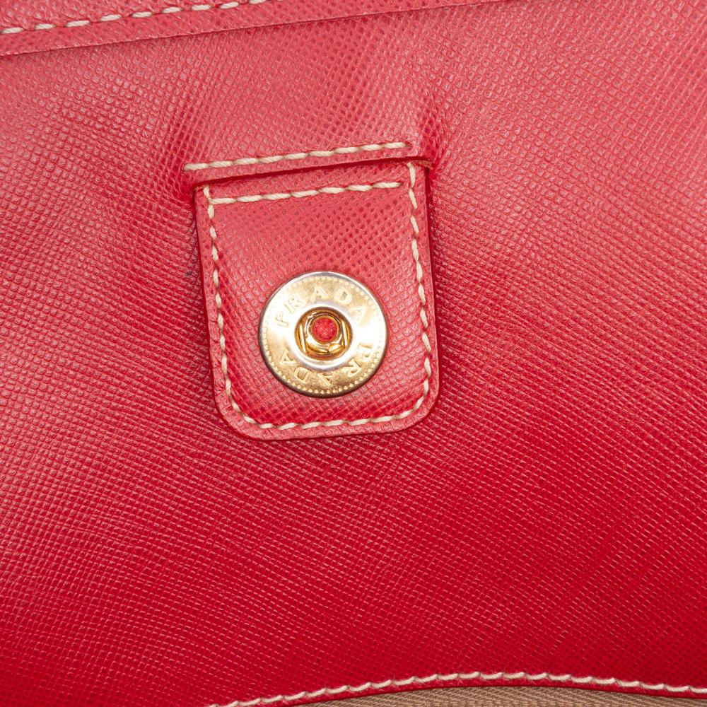 Prada B Prada Brown with Red Canvas Fabric Saffiano Trimmed Canapa Logo Satchel Turkey