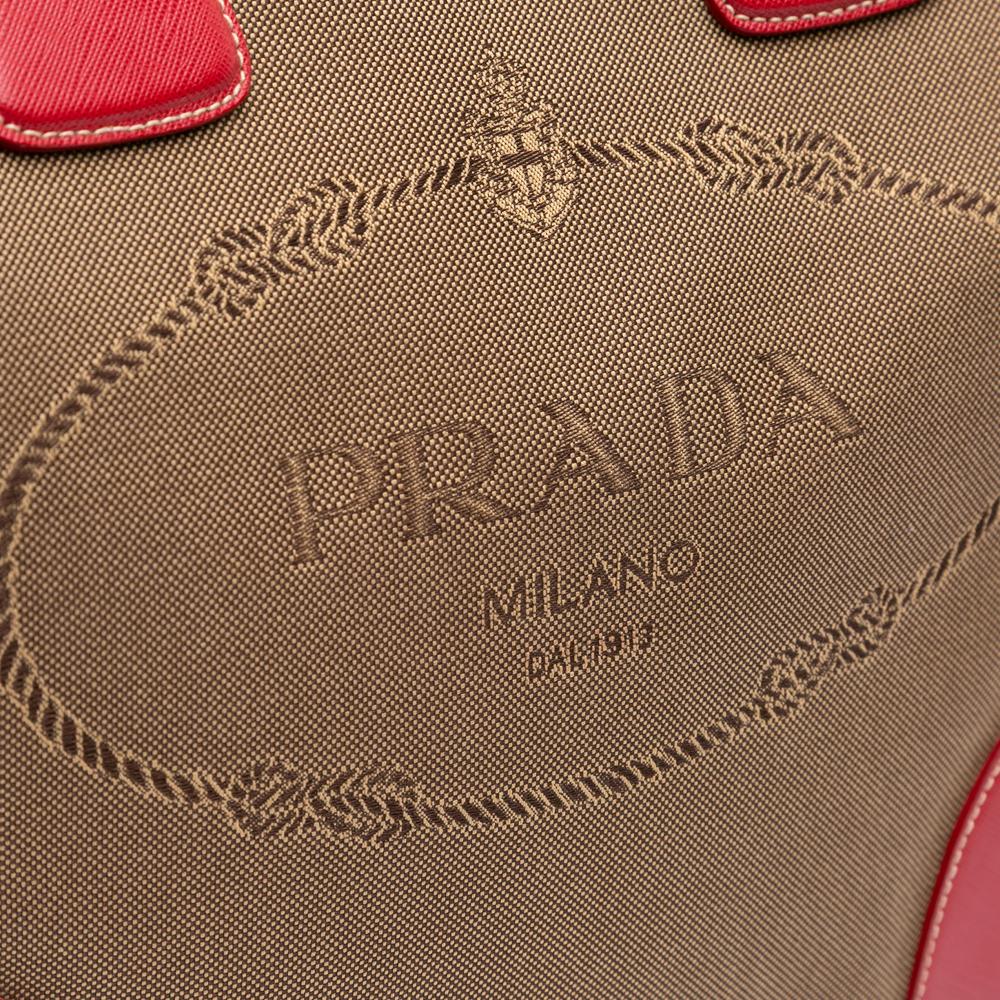 Prada B Prada Brown with Red Canvas Fabric Saffiano Trimmed Canapa Logo Satchel Turkey