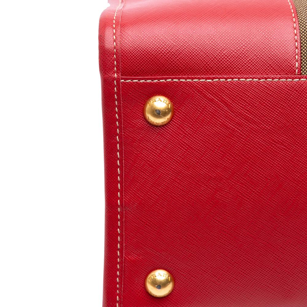 Prada B Prada Brown with Red Canvas Fabric Saffiano Trimmed Canapa Logo Satchel Turkey