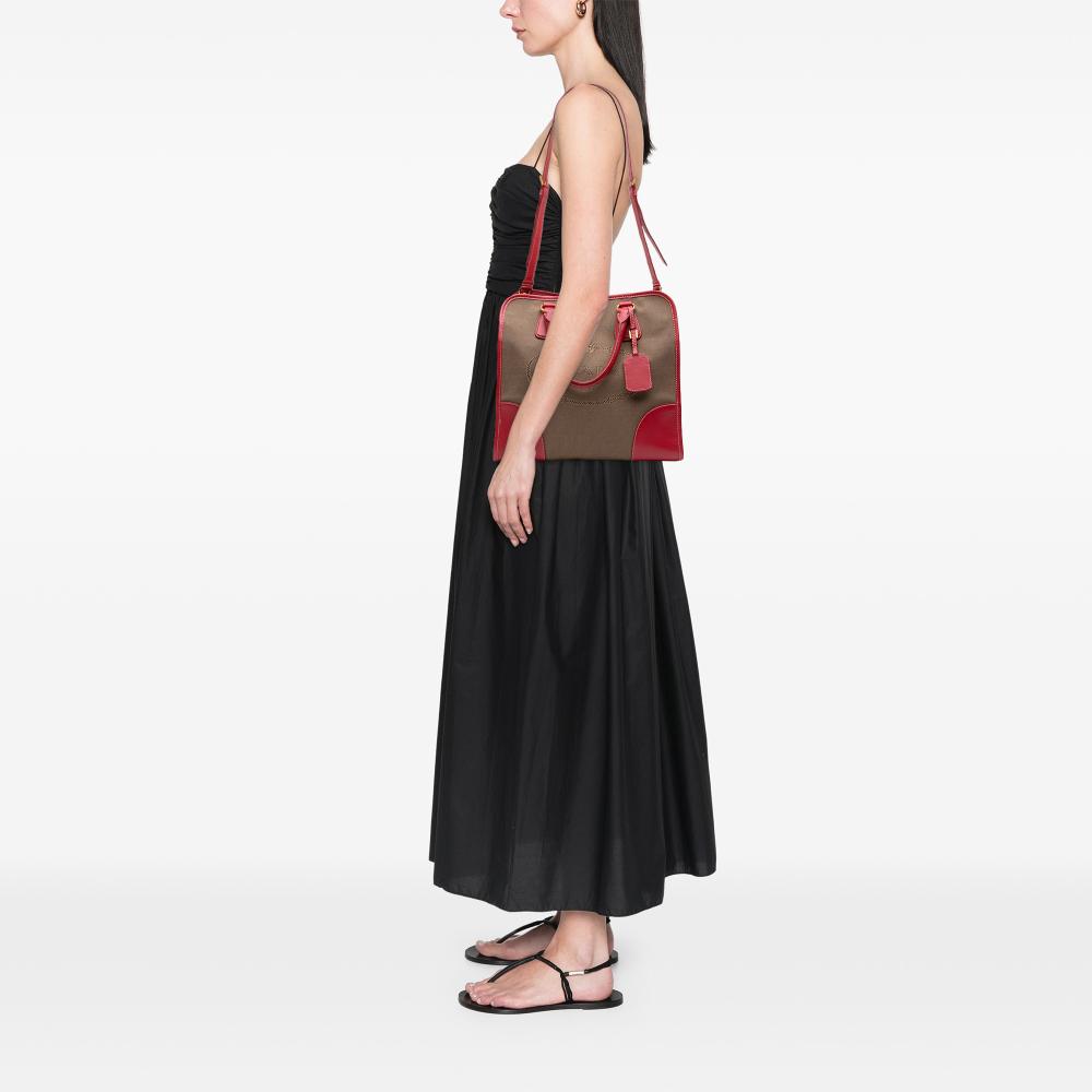 Prada B Prada Brown with Red Canvas Fabric Saffiano Trimmed Canapa Logo Satchel Turkey