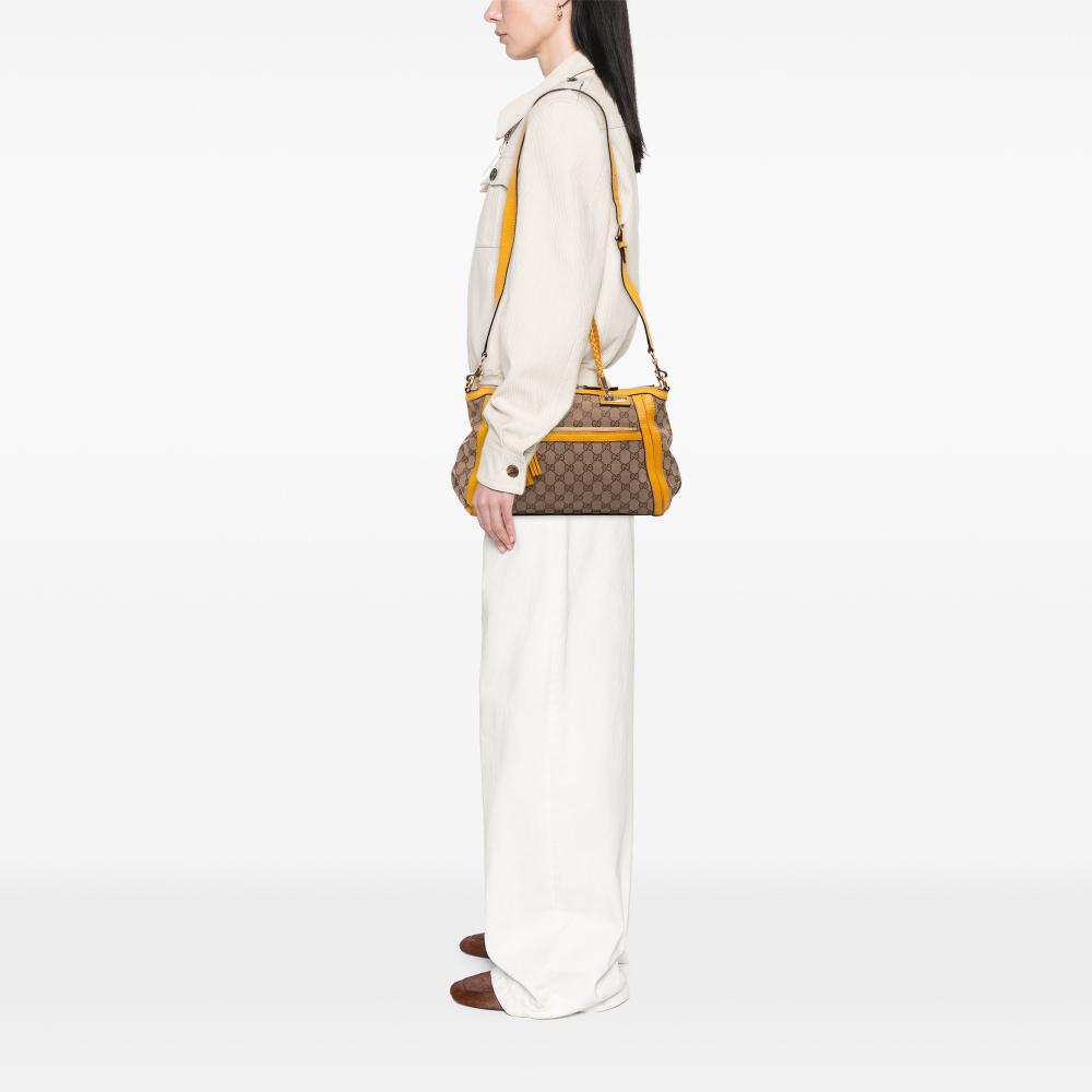Gucci B Gucci Brown with Yellow Canvas Fabric GG Bella Satchel Italy