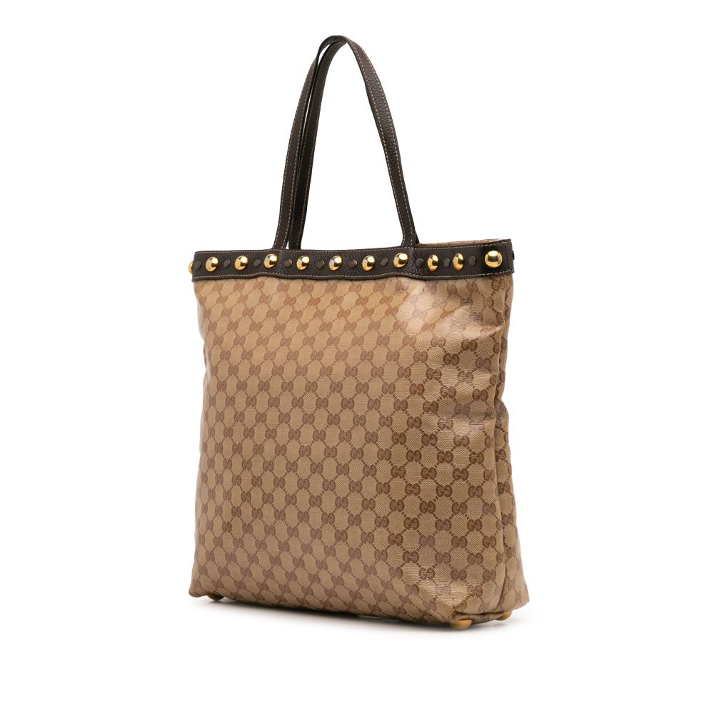 Gucci B Gucci Brown Beige Coated Canvas Fabric GG Crystal Babouska Tote Italy