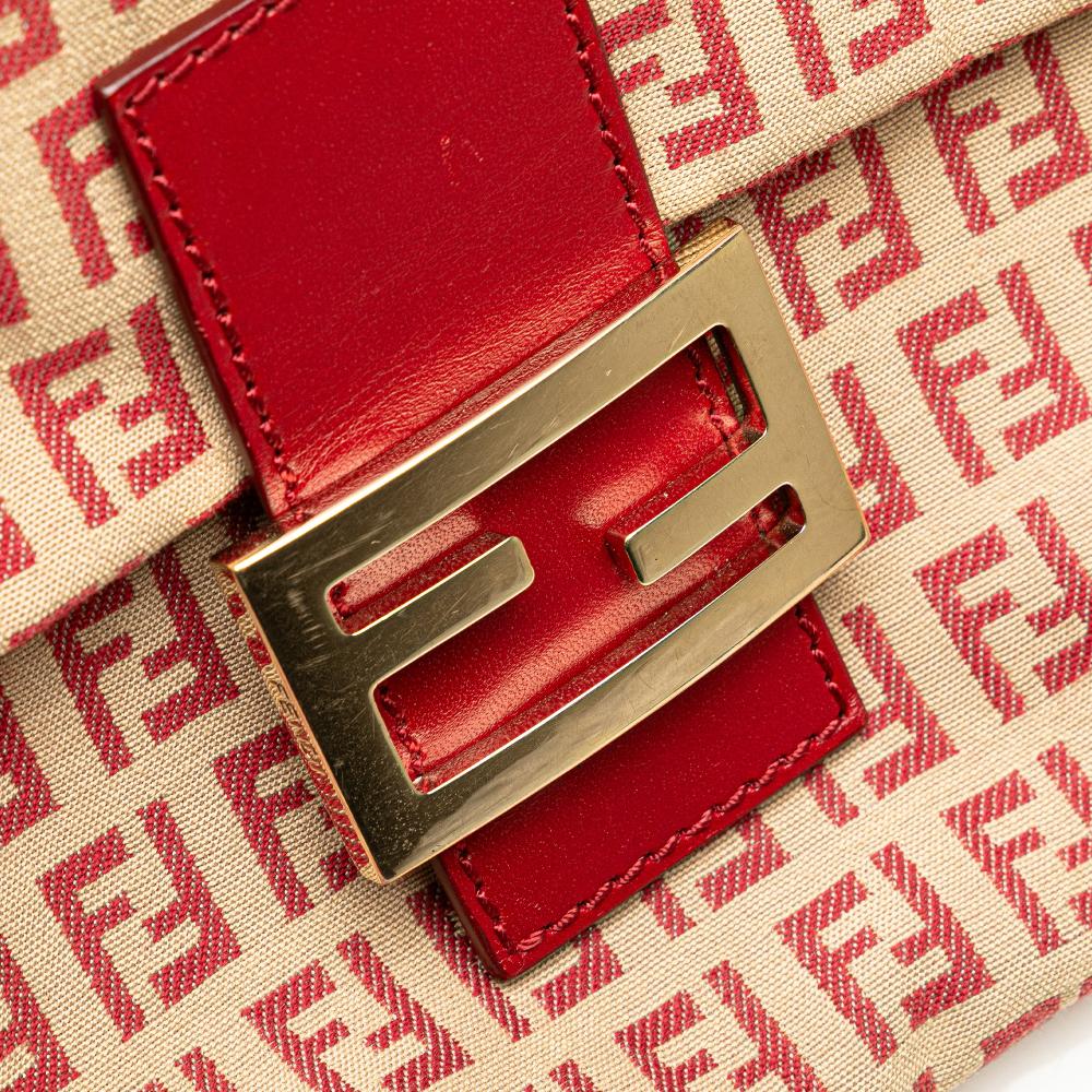 Fendi B Fendi Brown Beige with Red Canvas Fabric Zucchino Flap Crossbody Italy