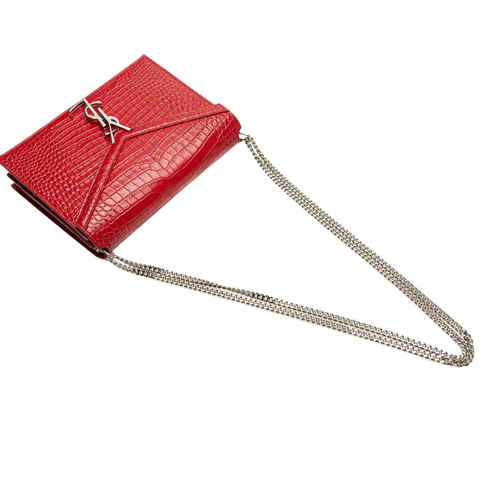 Saint Laurent B Saint Laurent Red Calf Leather Croc Embossed Monogram Cassandra Clasp Bag Italy