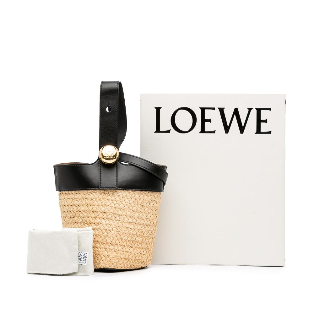 Loewe AB LOEWE Brown Beige with Black Raffia Natural Material Mini Pebble Bucket Bag Spain