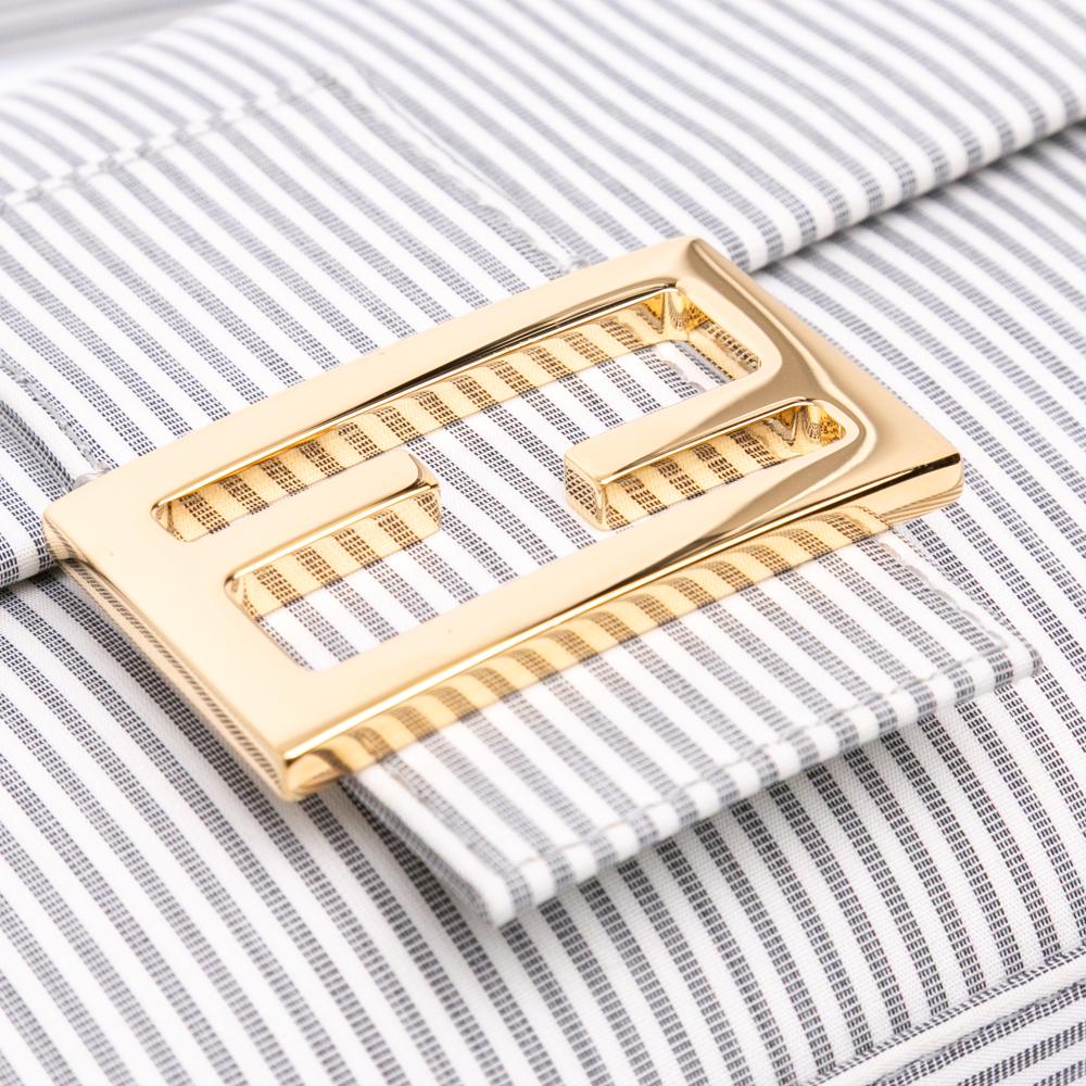 Fendi AB Fendi White with Gray Canvas Fabric Medium Striped Baguette Satchel Italy