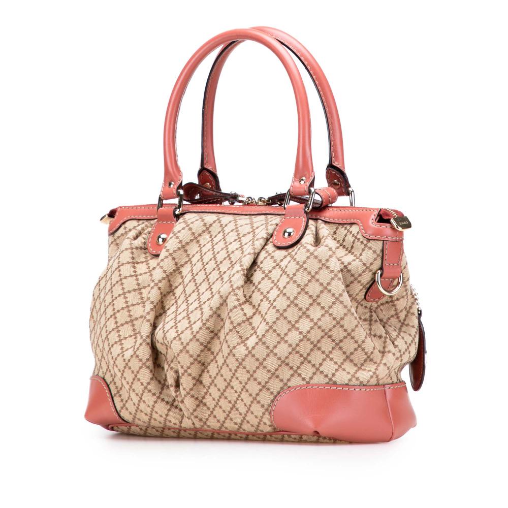 Gucci B Gucci Brown Beige with Pink Canvas Fabric Diamante Sukey Satchel Italy
