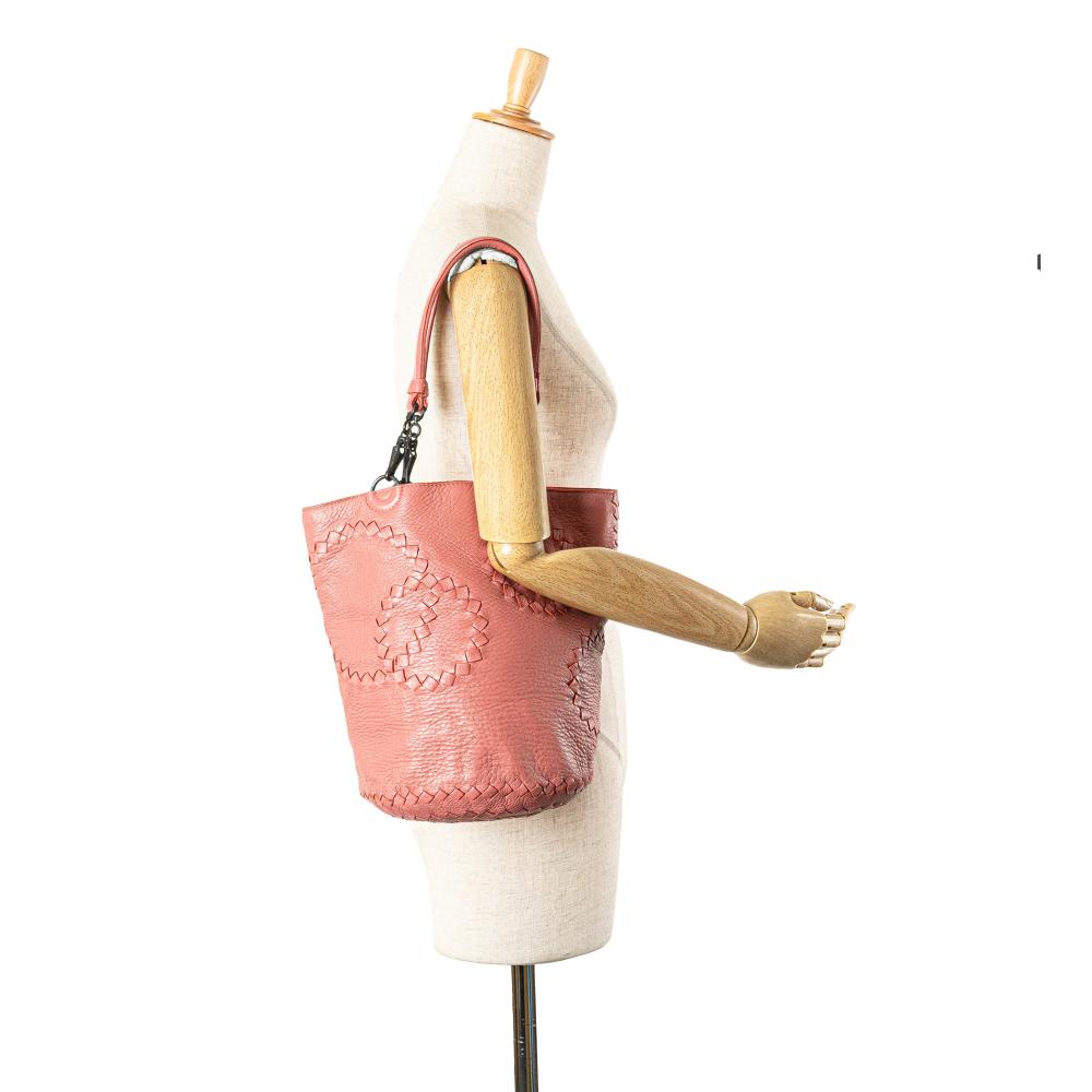 Bottega Veneta B Bottega Veneta Pink Blush Goatskin Leather Small Intrecciato Trimmed Cervo Bucket Bag Italy